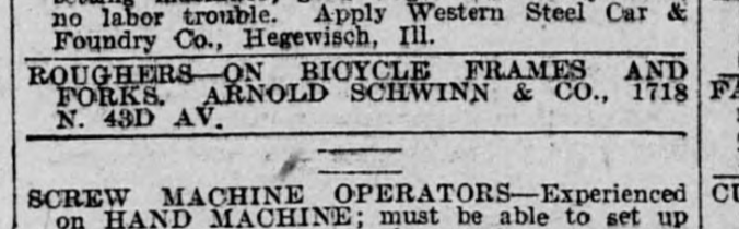 Arnold Schwinn 1910 Wanted Ad Chicago Examiner