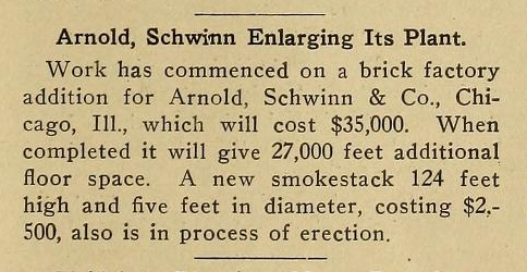 Arnold Schwinn plant news story Bicycling World 1910 October 20