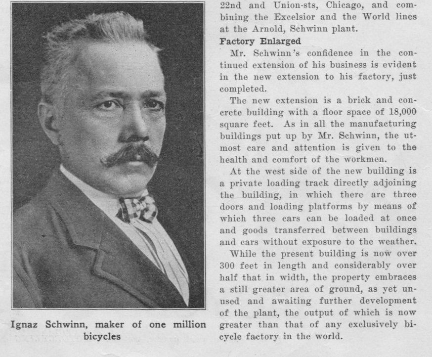 Arnold Schwinn factory enlargement, Motorcycling and Bicycling 1917 June 11