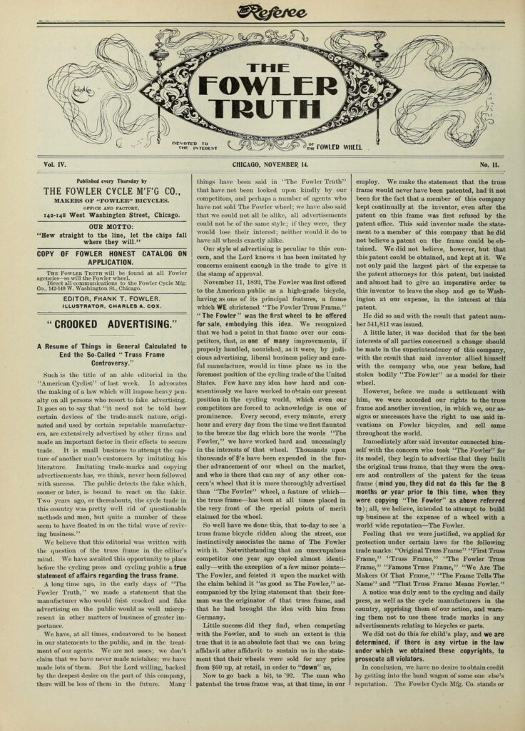 Truss frames 1895 Nov 14 Fowler Truth