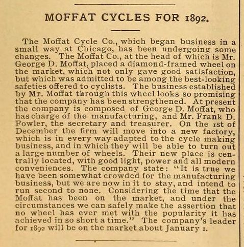 Moffat cycles for 1892. The Wheel and Cycle Review 1891 November 27.