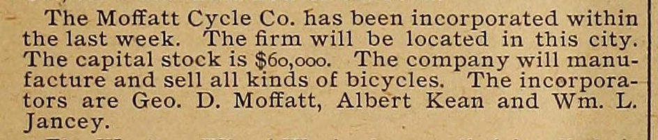 Moffat Cycle Company incorporates.