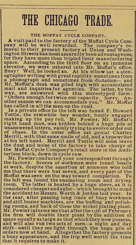 Moffat factory visit. The Wheel and Cycle Review 1892 January 29.