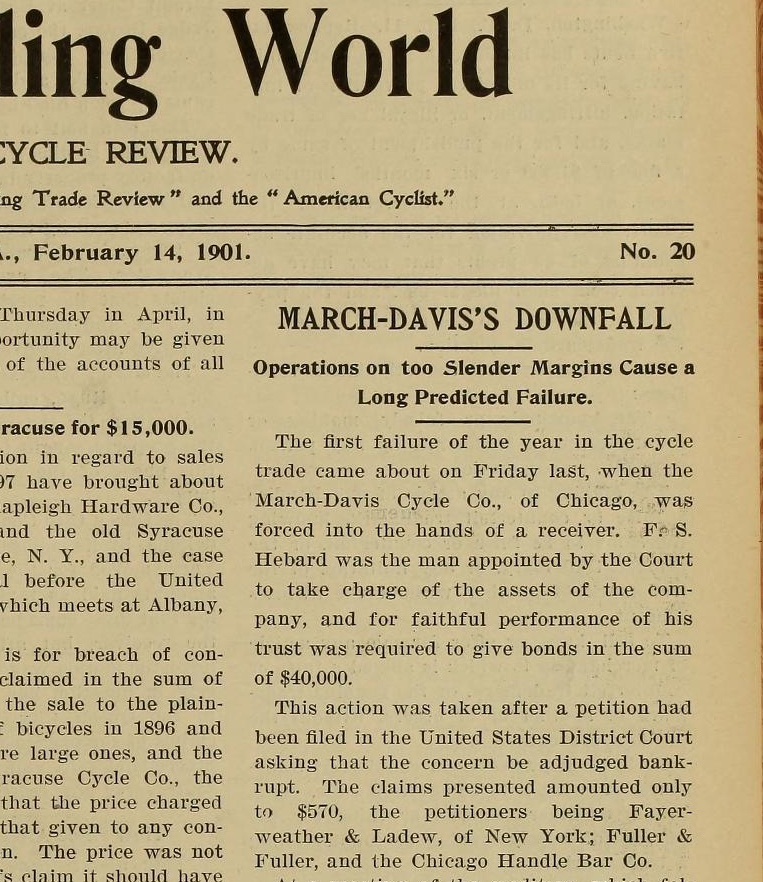 March-Davis Cycle Co. downfall, Bicycling World 1901 Feb 14
