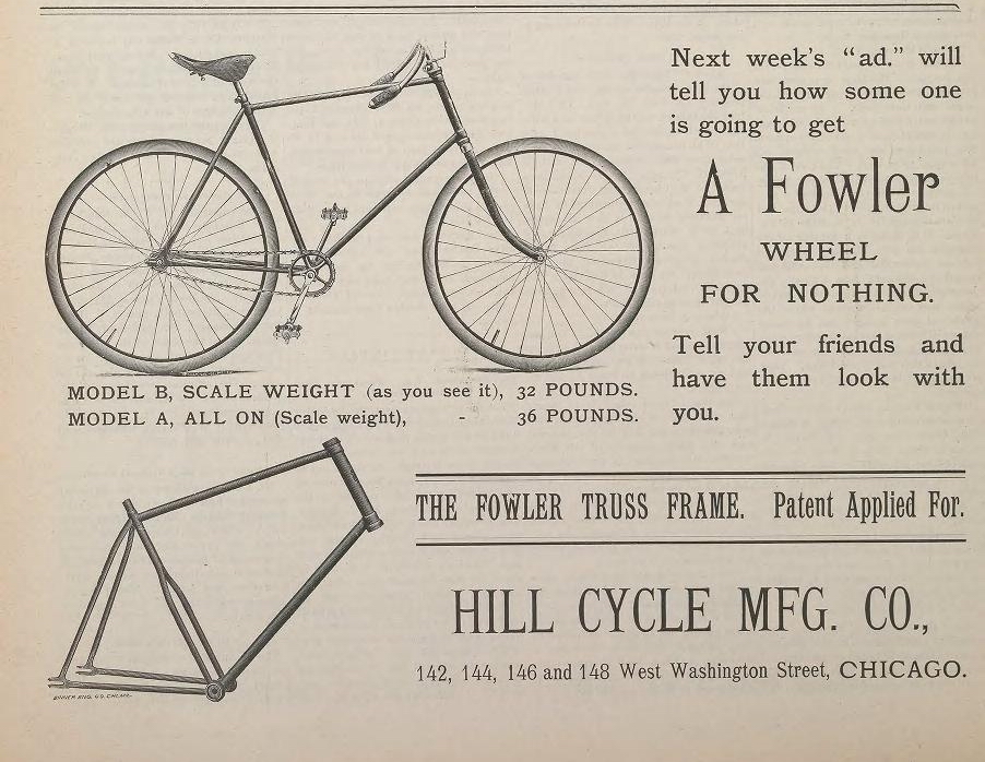 Hill Cycle Mfg - Fowler Advertisement - Referee and Cycle Trade, Dec 1892